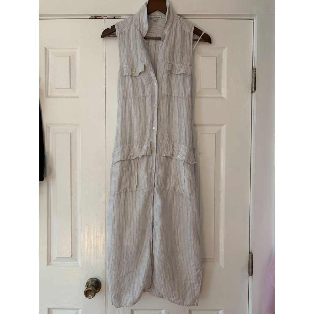 James Perse Linen Striped Sleeveless Midi Shirt Dress Grey White Size 0